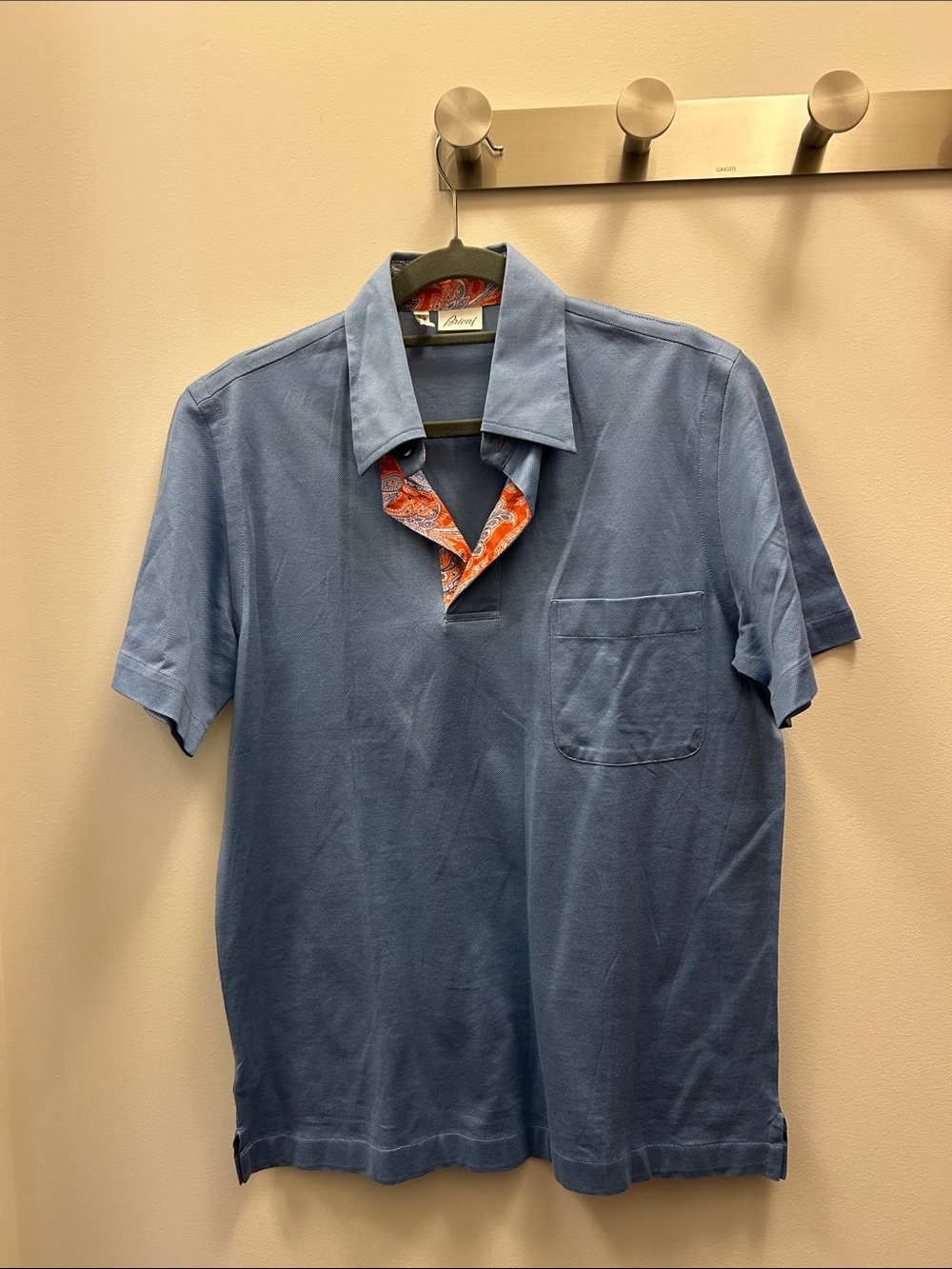 Brioni Blue Short-Sleeve Polo with Orange Paisley Trim